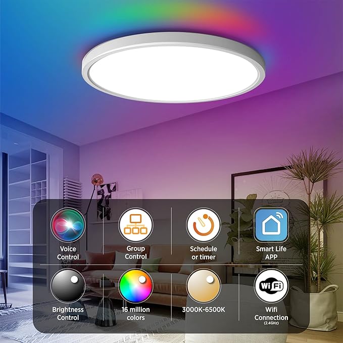 TALOYA Smart Ceiling Light Flush Mount LED WiFi,Compatible with Alexa Google Home,Dimmable Low Profile Ambient Light Fixture for Bedroom Living Room Hallway Kitchen Nursery,12 Inch,RGB