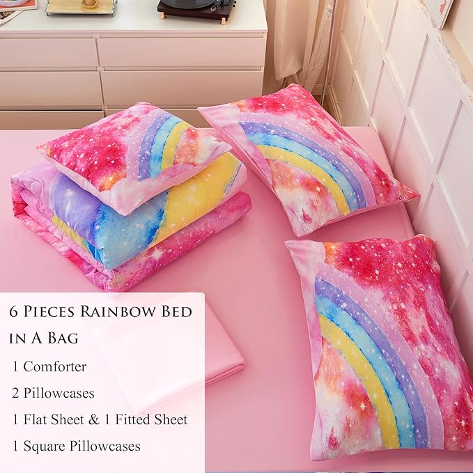 6 Pieces Rainbow Queen Size Bed in A Bag for Girls/Kids/Teens, Colorful Sparkle Tie Dye Girls Comforter Set, Soft Sparkle Glitter Galaxy Bed Sets for All Season