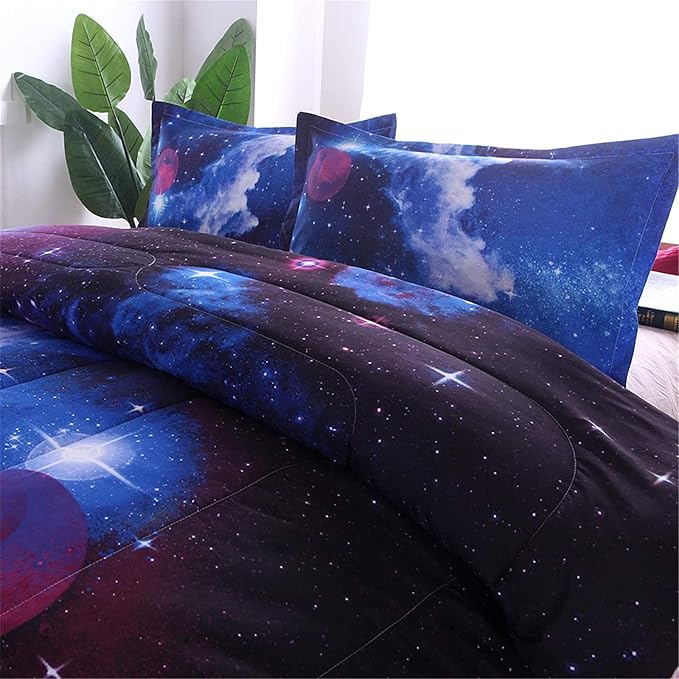 A Nice Night Galaxy Bedding Sets Outer Space Comforter 3D Printed Space Quilt Set Queen Size,for Children Boy Girl Teen Kids - includes 1 Comforter, 2 Pillow Cases