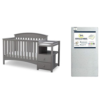 Delta Children Abby Convertible Crib 'N' Changer, Grey + Serta Perfect Slumber Dual Sided Recycled Fiber Core Crib and Toddler Mattress (Bundle)