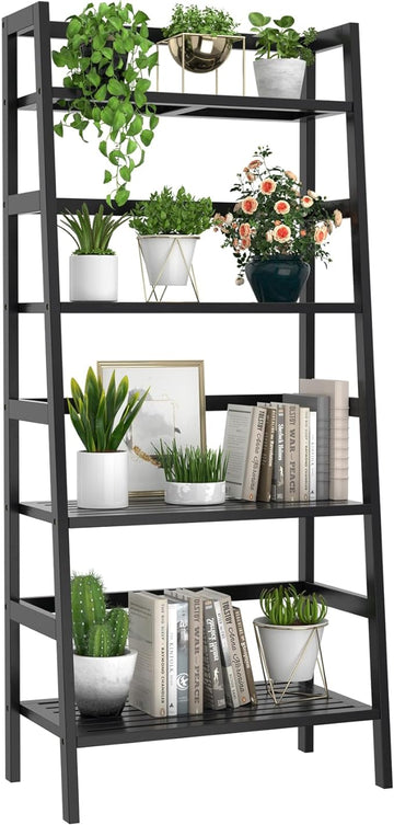 Homykic Bamboo Bookshelf 4-Tier Ladder Shelf, 49.2” Freestanding Open Bookcase Book Shelf Bathroom Storage Shelf Unit Plant Stand for Small Space, Living Room, Bedroom, Home Office, Black