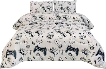 3PCS White Gamer Comforter Set Full for Boys Girls Teens and Kids, Soft Microfiber Cute Comforter Full Size, Bed in a Bag Full Cozy House Collection, Hotel Luxury and Lightweight, Full