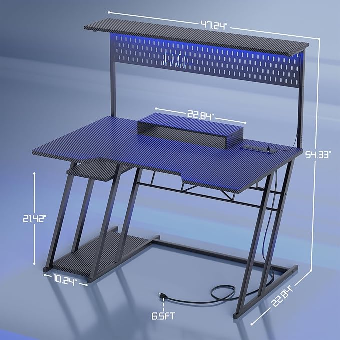 Gaming Computer Desk with Shelves and Outlets, Gaming Desk with Hutch and LED Lights, Reversible PC Gaming Desk with Pegboard, Carbon Fiber Black 47''