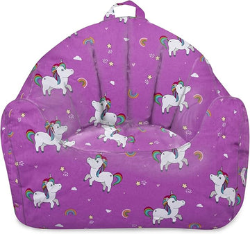 Posh Creations Structured Comfy Bean Bag Chair for Gaming, Reading, and Watching TV, Malibu Lounge, Canvas - Unicorn and Rainbows on Purple