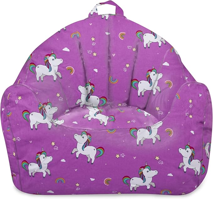 Posh Creations Structured Comfy Bean Bag Chair for Gaming, Reading, and Watching TV, Malibu Lounge, Canvas - Unicorn and Rainbows on Purple