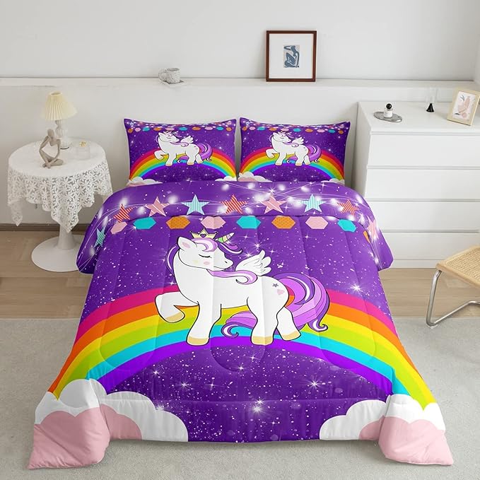 Girls Unicorn Bedding Set King Cute Rainbow Comforter Set For Kids Purple Cartoon Unicorn Glitter Stars Down Comforter Kawaii Galaxy Fantasy Geometric Bedroom Decor Lightweight Quilted Duvet
