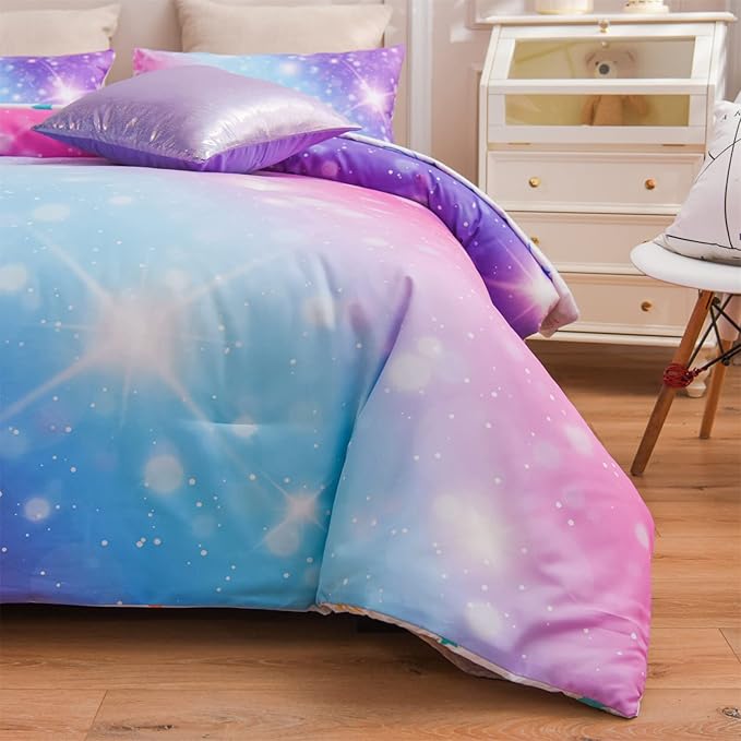 A Nice Night 6Pcs Gradient Glitter Bedding Set for Girls Full Size, Colorful Rainbow Galaxy Comforter Set, Ultra Soft Bedding Sets, Purple