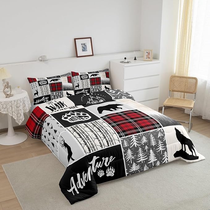 Deer Antlers Comforter Set Twin Size,Bear Paws Pine Trees Xmas Bedding Set for Kids Boys Girls Adults Room Decor,Lattices Patchwork Rustic Farmhouse Down Comforter,Red Duvet Insert,1 Pillowcase