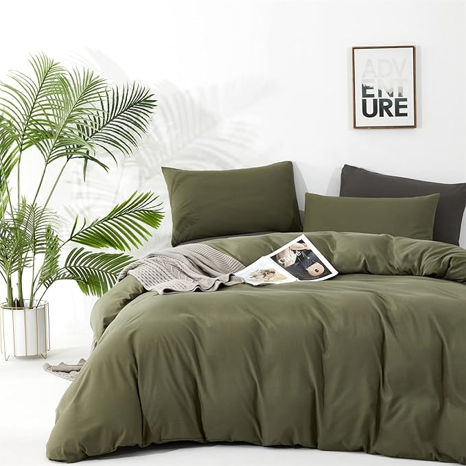 Olive Green Comforter Set Queen Size Solid Green Comforter 3 Pieces Soft Dark Green Queen Comforter Bedding Set Women Pure Olive Green Queen Bed Comforter Set for All Season as Gift