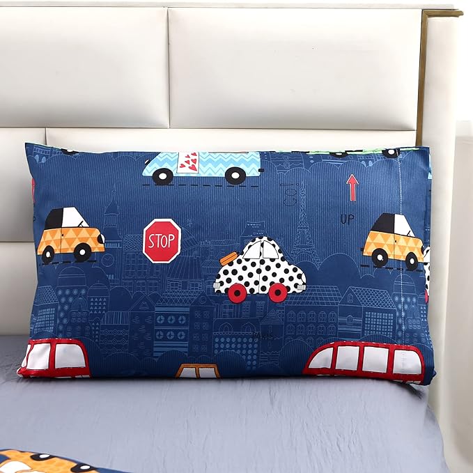 MAG 3Pcs Cartoon Car Bedding Comforter Set, Blue Cute Base Twin Comforter Set,for Toddlers Kids,Boys Teens and Girls,Super Soft Microfiber, Twin Size