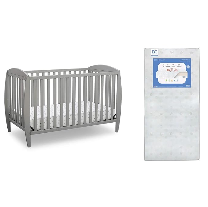Delta Children Twinkle 4-in-1 Convertible Baby Crib, Sustainable New Zealand Wood, Grey and Delta Children Twinkle Galaxy Dual Sided Recycled Fiber Core Crib and Toddler Mattress (Bundle)