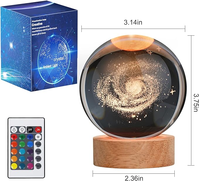 Large 3D Galaxy Crystal Ball Night Light, Crystal Lamp 16 Color Changing with Remote Control for Bedroom Decor, Birthday Gift for Teens Boys and Girls, Galaxy Model