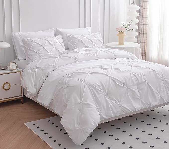 LANE LINEN Full Size Comforter Sets, 7 Piece Bed in a Bag Full Size, Soft Full Size Bed Set, Pintuck Bedding Comforter Sets Full Size, Full Size Comforter Set with Sheets, Pillowcases & Shams - White