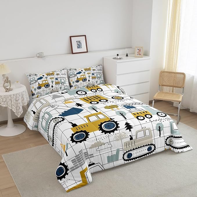 Feelyou Construction Comforter Set Queen Size Kids Excavator Tractor Toddler Comforter Cartoon Car Equipment Trucks Plaid Grid Comforter Set Construction Vehicles WhiteDuvet Set Quilt Set