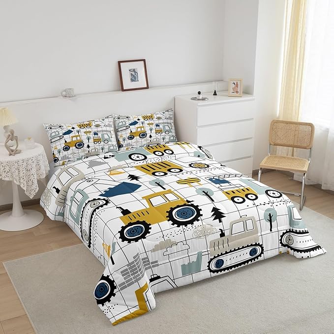 Feelyou Construction Comforter Set Full Size Kids Excavator Tractor Toddler Comforter Cartoon Car Equipment Trucks Plaid Grid Comforter Set Construction Vehicles WhiteDuvet Set Quilt Set