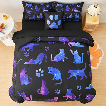 DORCAS Full Size Comforter Sets with Sheets for Girls Kids Cute Cat Full Size Bedding Sets 6 Pieces Bed-in-A-Bag for Girls Teens Kids