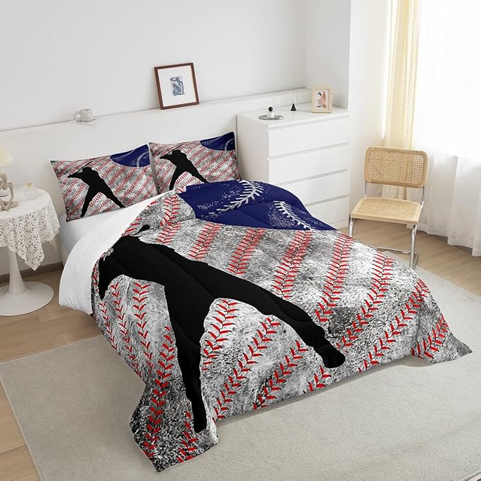 Erosebridal Baseball Comforter Set Queen for Boys Teen Baseball Athlete Bedding Set Kids Ball Games Sports Bed Comforter Sets Sport Baseball Quilt Duvet 2 Pillow Cases Retro Red Dark Blue White
