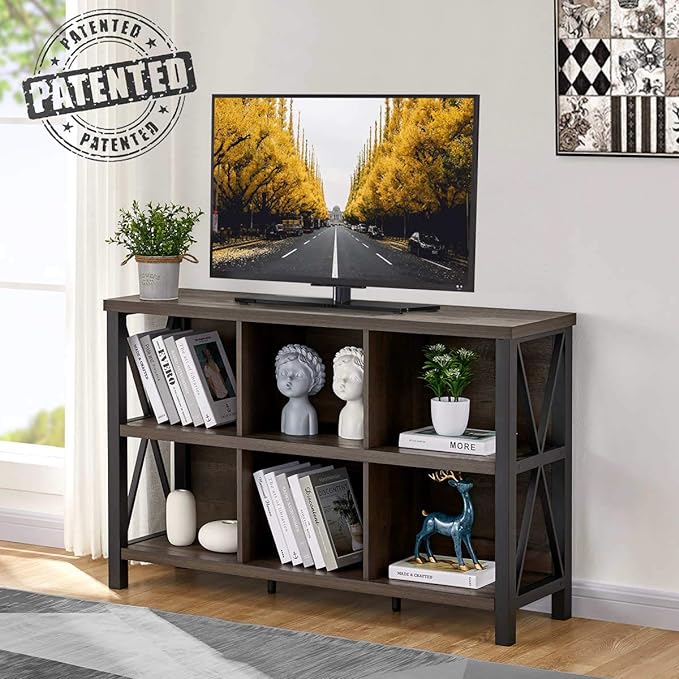 FATORRI Rustic 6 Cube Storage Organizer with Shelf, Wood and Metal Cubby Bookcase, Industrial Horizontal Bookshelf (Walnut Brown, 47 Inch)
