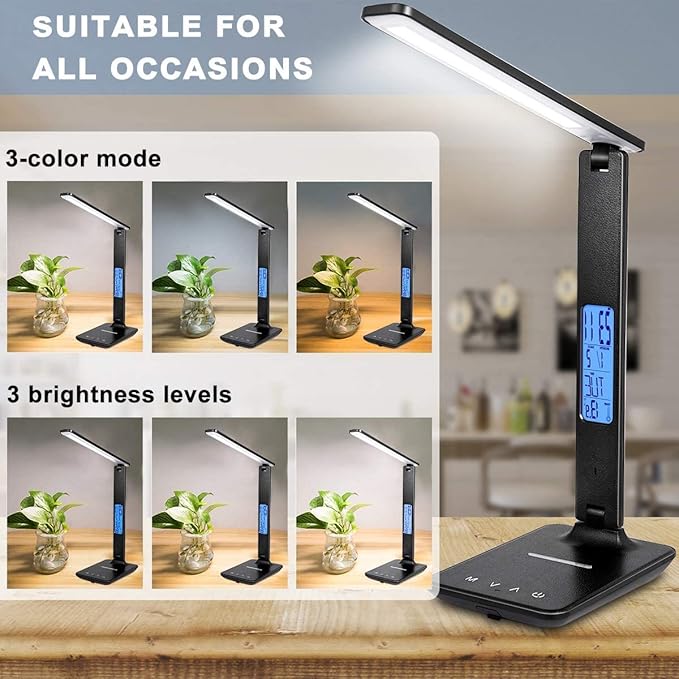 LED Desk Lamp, Dimmable Eye-Protecting Table Lamps with Night Light, USB Charging Port, 4 Color Temperature Modes, 5 Brightness Levels, 1H Timer, Touch Control for Home Office Bedroom (Black)