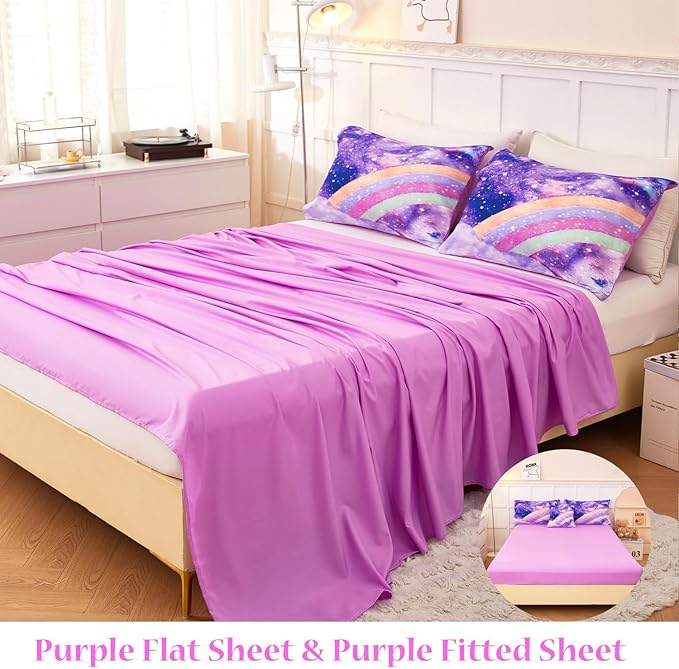 6Pcs Purple Rainbow Twin Size Bedding Set for Girls Gradient Glitter Kids Comforter Sets Tie Dye Girls Bed Set Sparkle Galaxy Bed in A Bag with Sheets