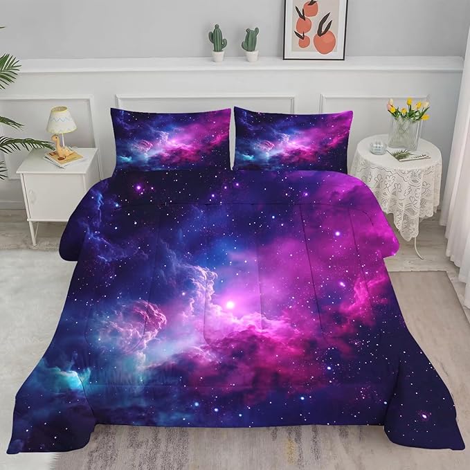Galaxy Bedding Twin Size Purple Outer Space Comforter Set for Girls Boys Kids Children Bedroom Dorm Quilt 1 Comforter + 1 Pillow Case