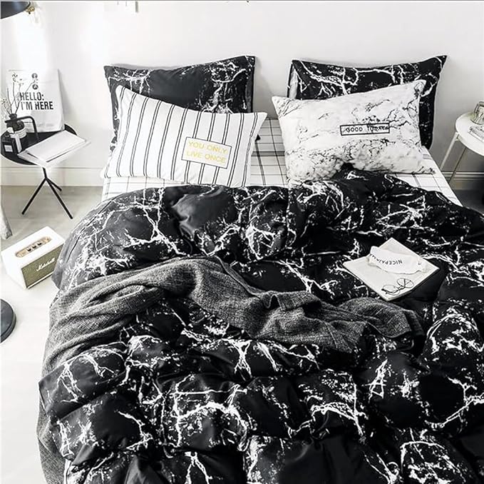 Black Marble Comforter Set King Black Bedding Set Women Black Marble Comforter Set Lightweight Soft Black Marble Bedding Men Durable Black Marble Quilt Set Breathable Bed Comforter Set King
