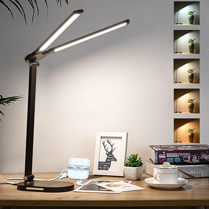 Desk Lights for Home Office - LED Desk Lamp with Night Light, Office Desk Lamp with Memory Function, 5CCT Brightest Workbench Office Lighting, Dimmable Modern Desk Lamp for Monitor Studio Reading