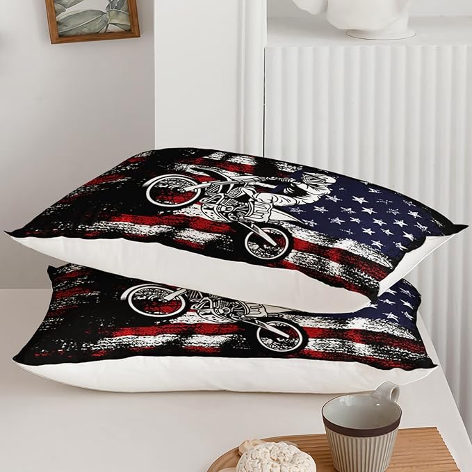 Axolotl Dirt Bike Comforter Set Full,American Flag Bedding Set,Motocross Comforter Set,White Red Stripes Stars Comforter Set,Motorcycle Racer Comforter for Boys Kids Teens Men,1 Quilt 2 Pillowcases