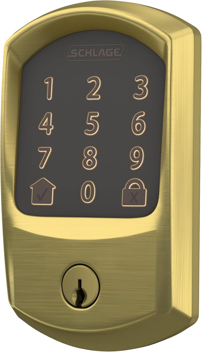 Schlage Encode Smart WiFi Deadbolt Lock for Front Door - Keyless Entry with App or Touchscreen - Works with Alexa, Apple HomeKit, Hey Google, & Airbnb - Create Codes for Guests - Satin Brass Gold