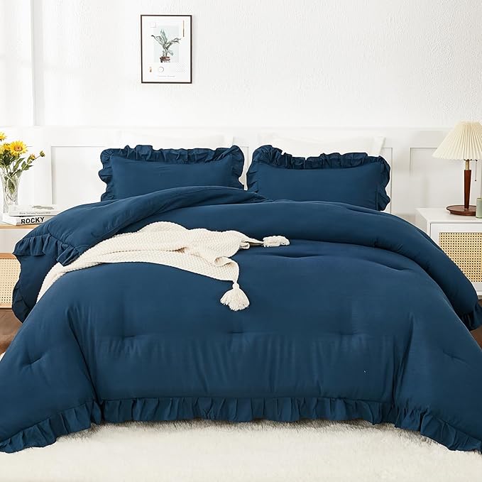 Andency California King Comforter Set Navy Blue, 3 Pieces Cal King Solid Ruffle Shabby Chic Bedding Comforter, Oversized Lightweight Soft Microfiber Bed Comforter