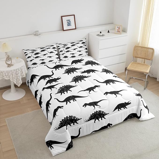 Erosebridal Dinosaur Comforter Set Dino Silhouettes Bedding Set Queen Size, Wildlife Animals Black White Duvet Sets for Kids Boys Teens Adult Bedroom Decor Dinosaurs Comforter with 2 Pillow Cases
