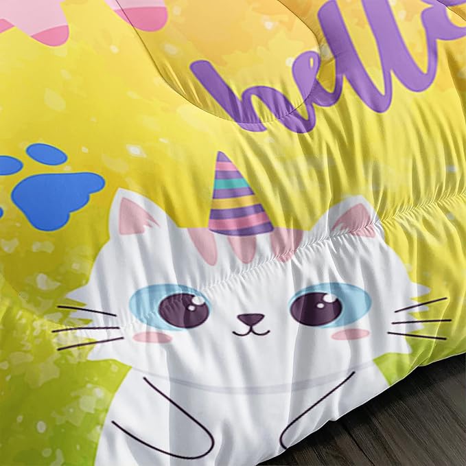 Axolotl Cat Bedding Full Cartoon Cat Comforter Set,Rainbow Printed Kids Bedding Set for Girls Kids Adults Teens,Kids Comforter Set All Season,1 Quilt 2 Pillow Cases,Colorful Pink Blue