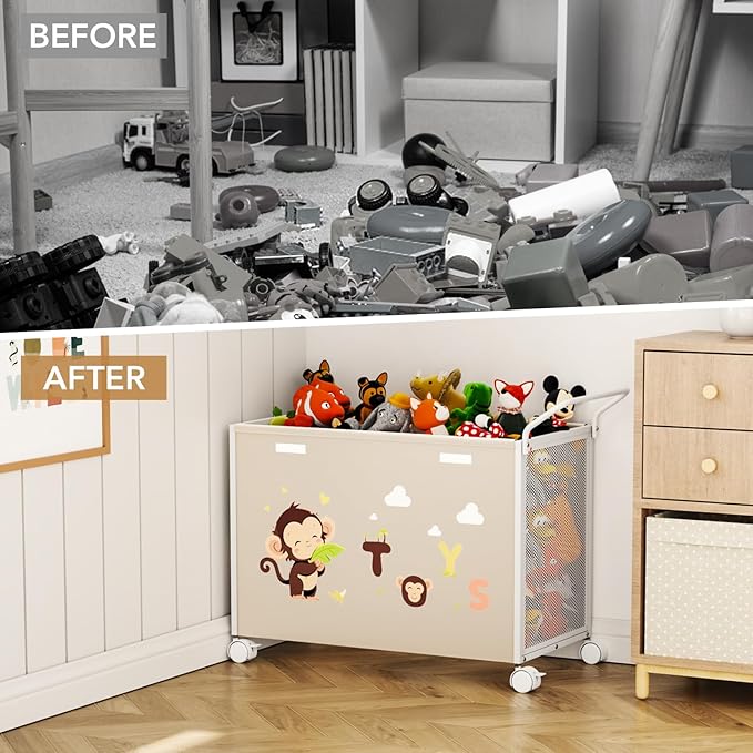 Toy Box Toy Storage - 72L Kids Toy Organizer with Wheels Toy Chest Storage Bins with Lids, Toy Boxes for Girls Boys, Stuffed Animals, Clothes, Bedroom, Living Room （beige）