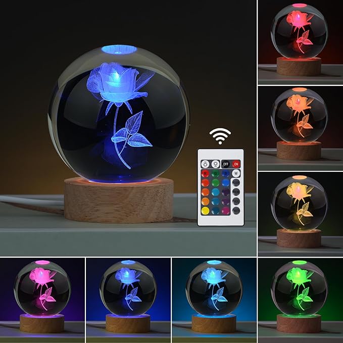 Rose Lamp Romantic Gifts for Her, Large 3D Rose Night Light, Crystal Light up Rose Lamp 16 Color Changing with Remote Control for Bedroom Decor, Only Rose Lamp