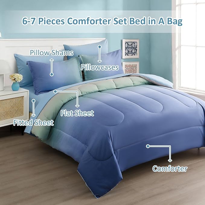 Dinjoy Girls Comforter Set Full Size Colorful Rainbow Ombre Blue Green Pink Bedding Set Gradient 7 Pieces Bed in A Bag for Kids Teen Girl Women(1 Comforter, 1 Flat Sheet, 1 Fitted Sheet)