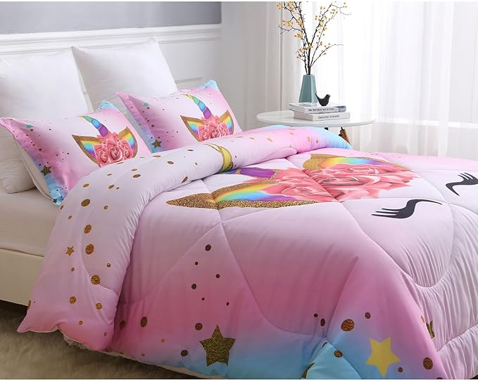 Kids Unicorn Bedding Set Twin Size for Girls, Pink Rainbow Girls Twin Comforter Set with 2 Pillowcases, Floral Kids Unicorn Bed Set Twin, Unicorn Room Decor for Girls Bedroom, All Season