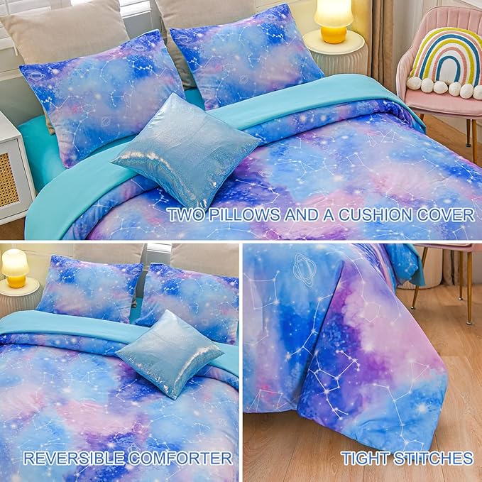 Btargot Lightweight Microfiber 6 Piece Comforter Set, Tie Dye Galaxy Constellation Pattern Bedding Set for Boys Girls Teen, Queen Blue Purple