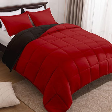 Basic Beyond King Size Comforter Set - Fluffy King Bed Comforter Set for All Seasons - Reversible Red Comforter Set King - 3 Pieces (1 Comforter + 2 Pillow Shams) - Red/Black