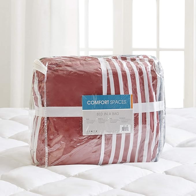 Comfort Spaces Twin Comforter Sets with Sheets - Bed in a Bag 6 Pieces Teen Bedding Sets Twin, Red and Grey Stripes Bedding Twin, College Twin Bed Set with 2 Side Pockets Bedroom Organizer