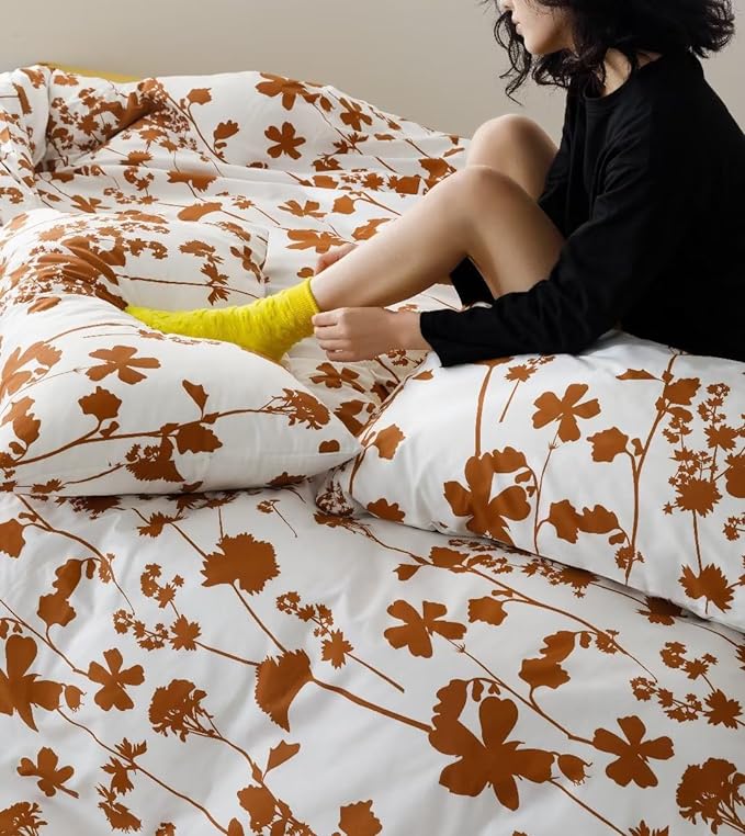 Botanical Comforter Set King White and Pumpkin Floral Plant Bedding Comforter Set Girls Garden Pattern Printed on White Blanket Rustic Leaf Blossom Women White Farmhouse Comforter King