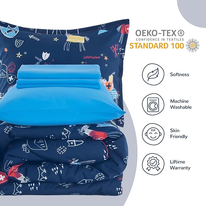 SLEEP ZONE 7 Pieces Kids Comforter Bed in A Bag, Soft Lightweight, Fluffy & Durable Children Bed Set with Comforter, Sheet, Pillowcase & Sham (Knight‘s Tale, Full/Queen)