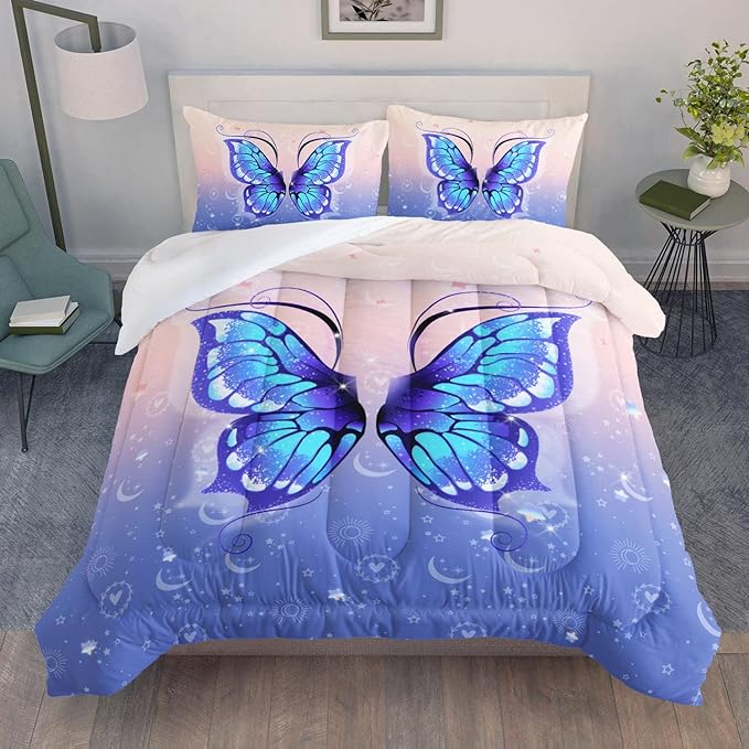 Datura home Bedding Comforter Set Pink Purple Butterfly Printed Pattern Quilt with 1 and 2 Pillowcases for Girls Bedroom All Season(Butterfly Twin) Twin 68x86inches