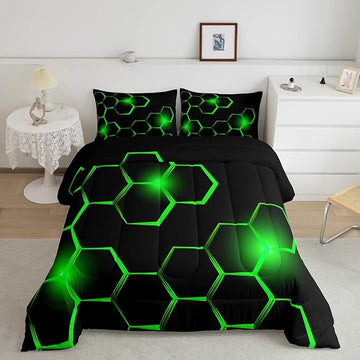 Honeycomb Kids Comforter Set Modern Geometry Hexagon Bedding Set for Boys Children Teens Bedroom Decor Geometrical Comforter Beehive Geometric Black Green Duvet Set Queen Size with 3 Pillow Case