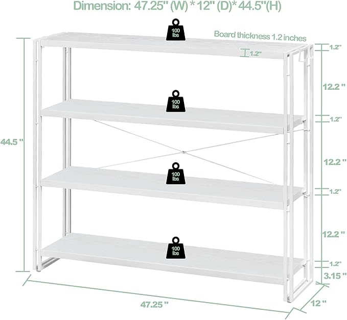 HCHQHS Bookshelf, 4-Tier Industrial Bookcase, White Open Book Shelf, Freestanding Tall Bookshelves with Metal Frame