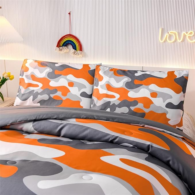Meeting Story Kids Camo Bedding Set, Army Camouflage Bedding Queen Comforter Set for Boys Girls Teens Bedroom Decoration, 3Pcs (Orange, Queen)
