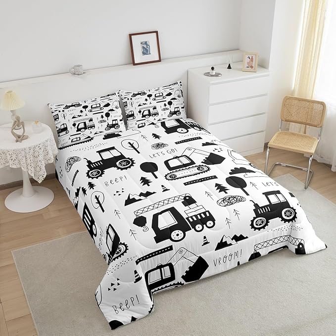 Feelyou Construction Bedding Set Queen Size Equipment Trucks Comforter Set for Kids Boys Girls Decor Cartoon Car Excavator Tractor Comforter Black White Duvet Set Bedroom Quilt Set