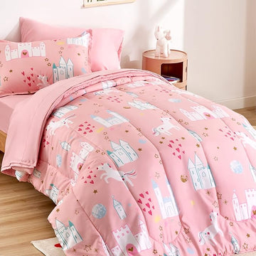 SLEEP ZONE Kids Bedding Twin Comforter Set - Super Soft & Cute Printed 2-Piece Comforter Set All Seasons for Boys, Girls, Fade Resistant, Machine Washable, Unicorn Castle