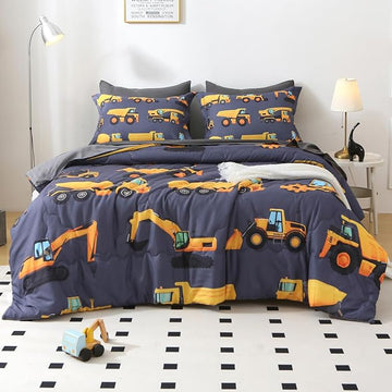 Wajade 7 Piece Construction Truck Kids Comforter Set for Boys Twin Size 3D Vehicles Excavator Cars Bedding Set for Kids Teens(1 Comforter, 1 Flat Sheet, 1 Fitted Sheet, 2 Pillowcase and 2 Pillow Sham)