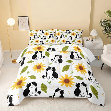 Kawaii Cat Comforter Queen Size,Sunflower Cat Comforter Set for Kids Teens Girls Boys,3Pcs Bedding Set Printed Comforter with 2 Pillowcases,Down Alternative,Soft and Lightweight，Queen Size