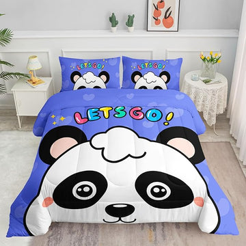 Datura home Panda Comforter Bedding Set for Boys Girls Kids Teens,Cartoon Panda Blue Heart Kawaii Animal Theme with 1 Comforter and 2 Pillowcases(Panda Queen)